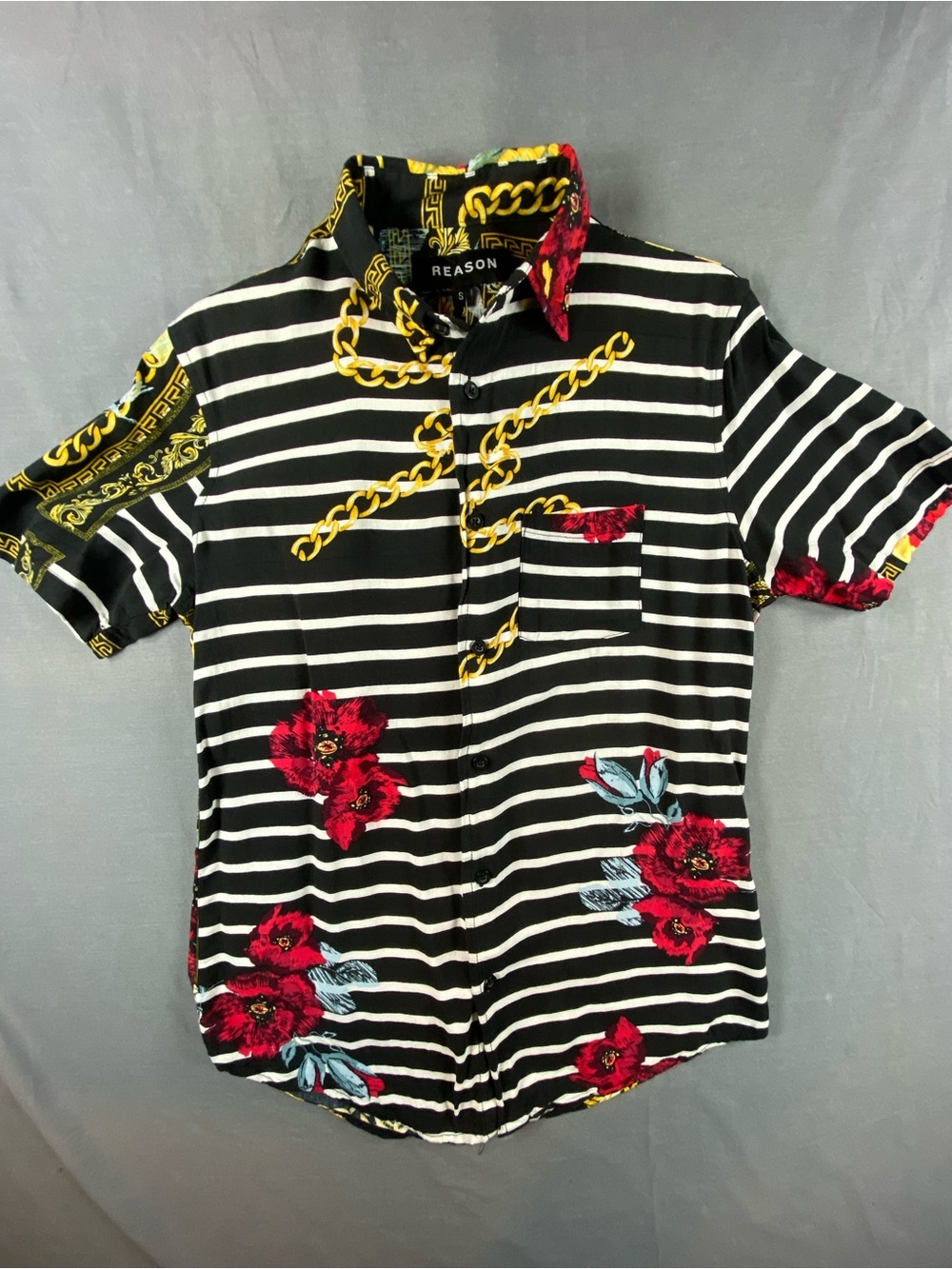 Reason Black Stripe Floral Short-Sleeve Shirt